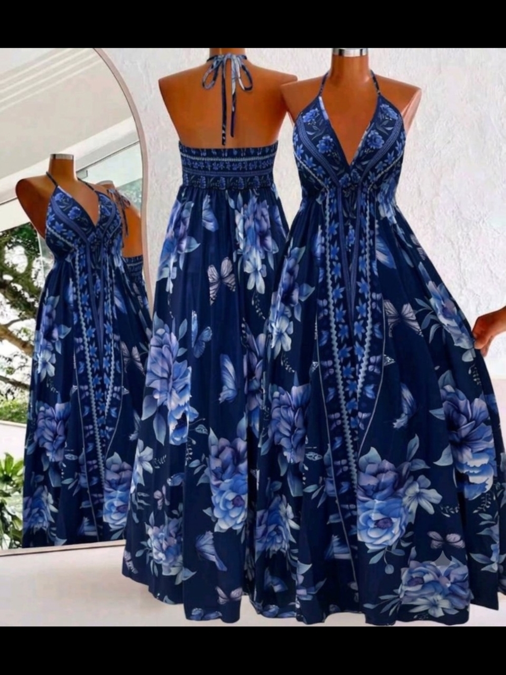Bohemian Blue Floral Halter Maxi/Midi Dress